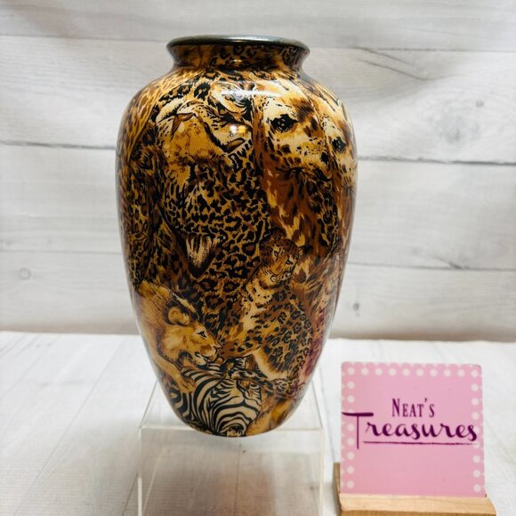 Vintage La Vie SAFARI AFRICAN WILD ANIMALS PATCHWORK Jungle Ceramic 10" T Vase - Picture 1 of 16